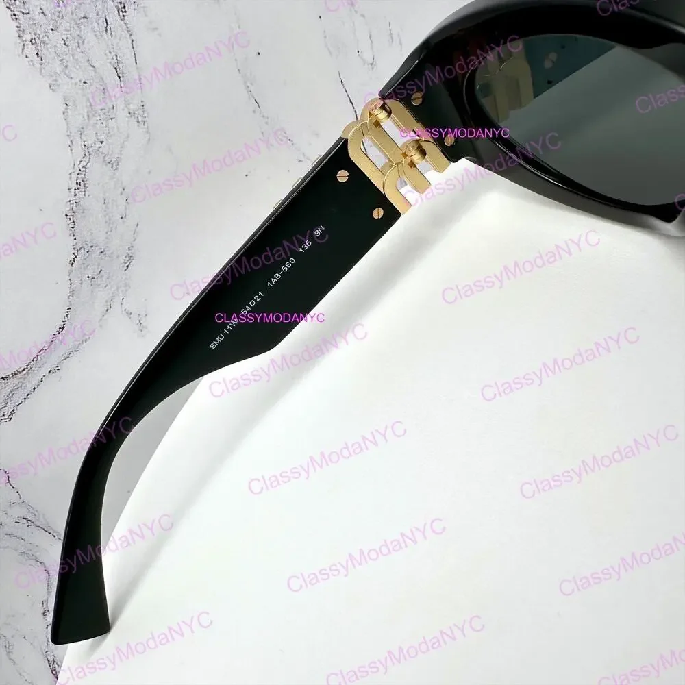 New MIU MIU Sunglasses Black Oval Acetate Gold Metal Logo Authentic Womens